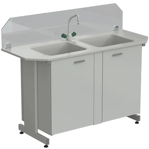 Мойка двойная торцевая 1500х600х1220 мм, (защитное стекло, глубина раковины 280 мм, 1 кран TOF), раб.