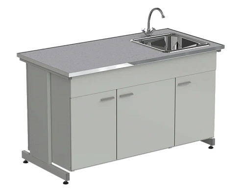 Мойка одинарная 1500х750х900 мм, одна чаша НС справа, смеситель, раб. поверхность - МОНОЛИТНЫЙ КЕРАМОГРАНИТ